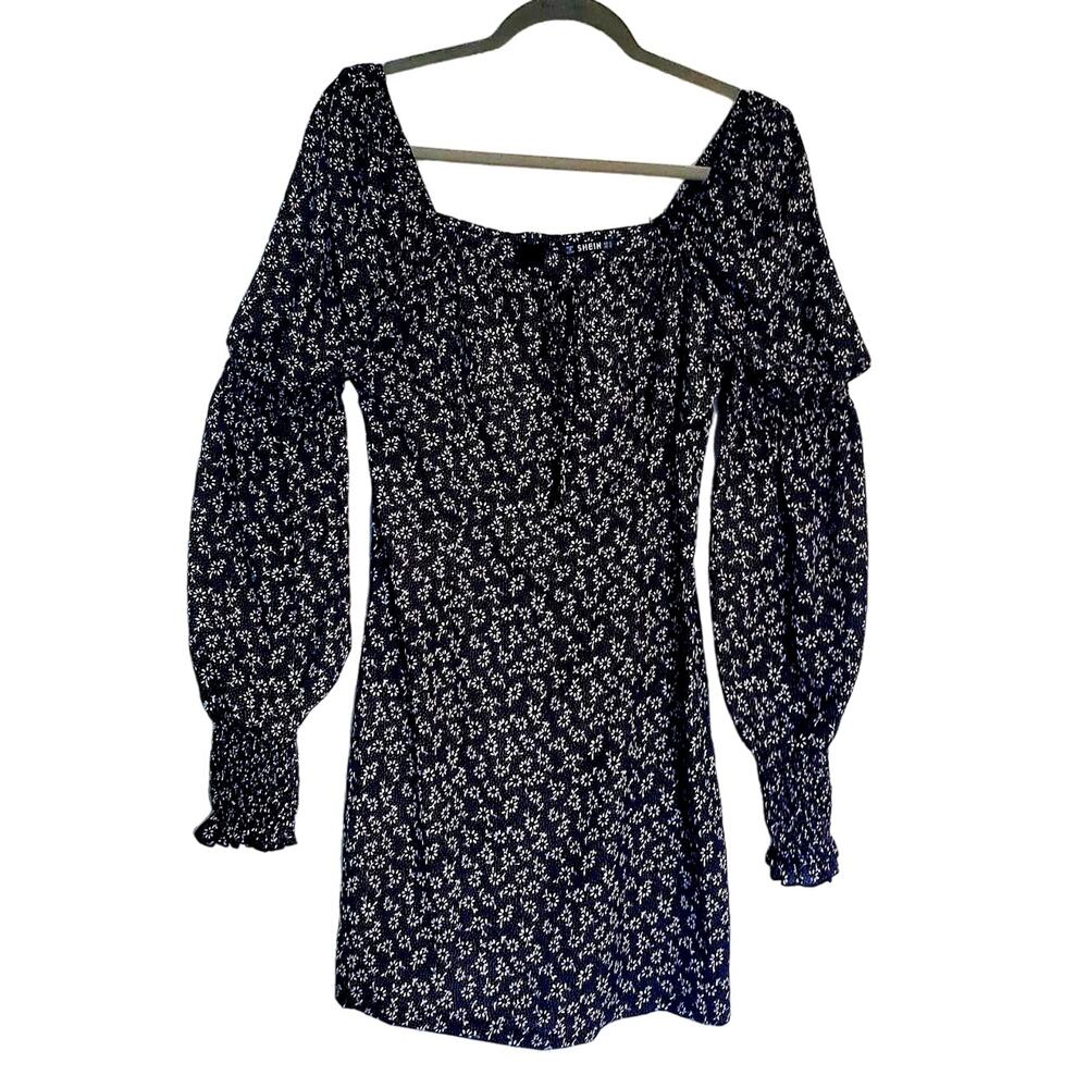 Cottagecore Black&White Daisy Dress M Floral Puff Sleeve Peasant Milkmaid Farm